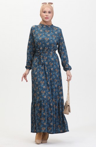 Gemustertes Kleid Mit Gürtel 0511-02 Petrol 0511-02