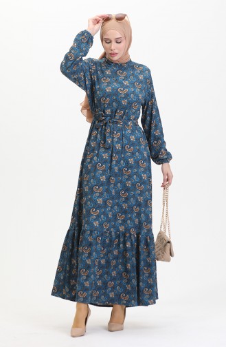 Gemustertes Kleid Mit Gürtel 0511-02 Petrol 0511-02