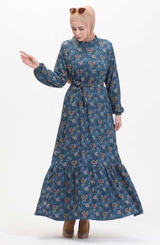 Gemustertes Kleid Mit Gürtel 0511-02 Petrol 0511-02
