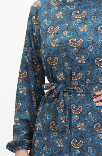 Gemustertes Kleid Mit Gürtel 0511-02 Petrol 0511-02