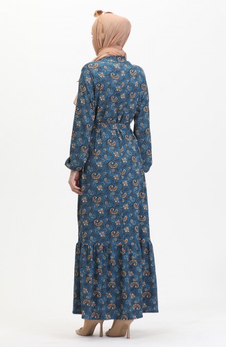 Gemustertes Kleid Mit Gürtel 0511-02 Petrol 0511-02