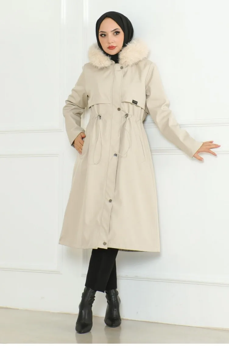 Manteau à Capuche Avec Fermeture éclair Cachée Beige 19211 15301