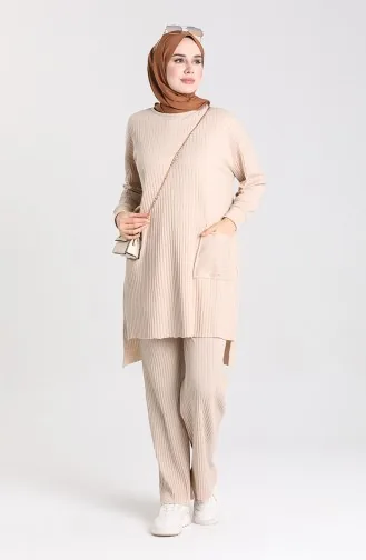 Tunika-Hose Mit Asymmetrischer Tasche Doppelanzug 7731-03 Beige 7731-03