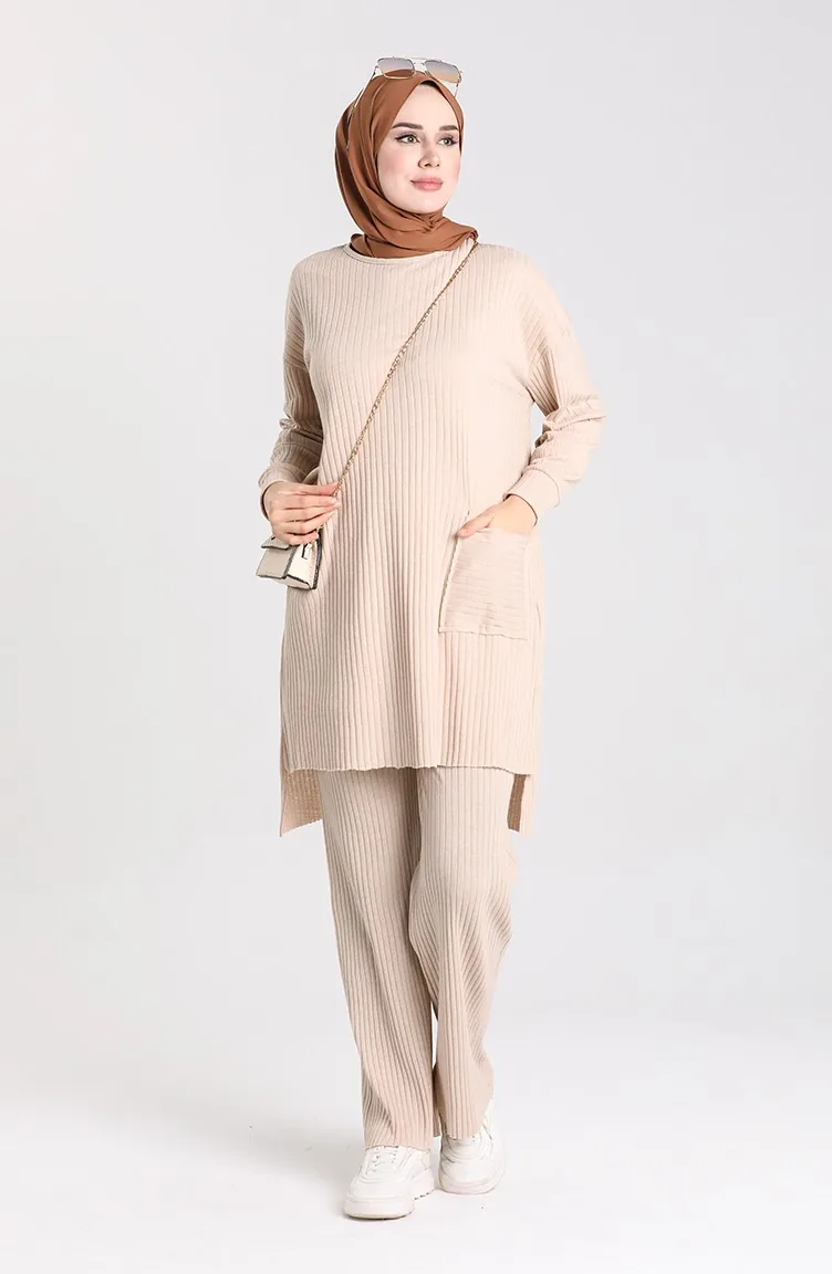 Tunika-Hose Mit Asymmetrischer Tasche Doppelanzug 7731-03 Beige 7731-03