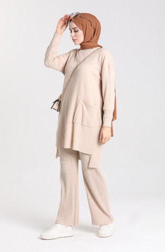Tunika-Hose Mit Asymmetrischer Tasche Doppelanzug 7731-03 Beige 7731-03