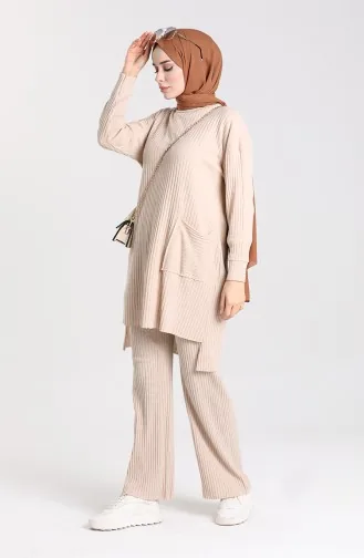 Tunika-Hose Mit Asymmetrischer Tasche Doppelanzug 7731-03 Beige 7731-03