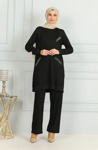 Ensemble Double Pantalon Tunique Détail Franges 20042-02 Noir 20042-02