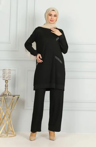 Ensemble Double Pantalon Tunique Détail Franges 20042-02 Noir 20042-02