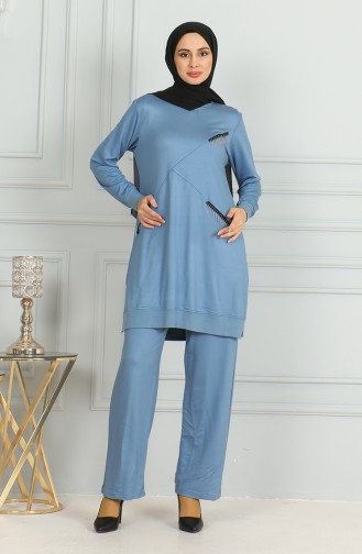 Püskül Detaylı Tunik Pantolon İkili Takım 20042-06 Mavi