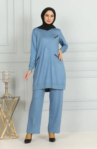 Ensemble Double Pantalon Tunique Détail Franges 20042-06 Bleu 20042-06