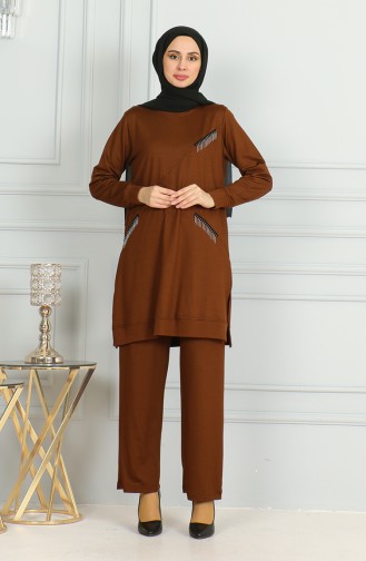 Ensemble Double Pantalon Tunique Détail Franges 20042-07 Tan 20042-07