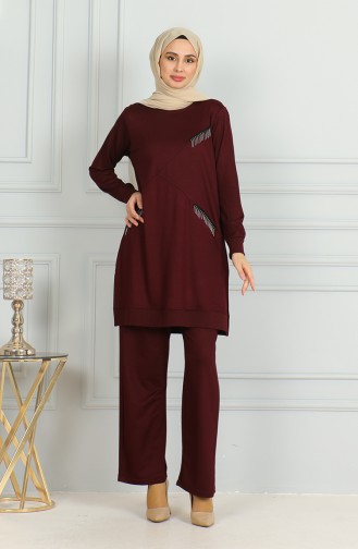 Püskül Detaylı Tunik Pantolon İkili Takım 20042-09 Mürdüm