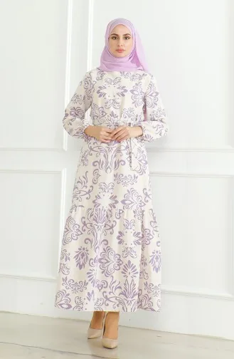 Gemustertes Leinenkleid Mit Gürtel 0471B-01 Beige Lila 0471B-01