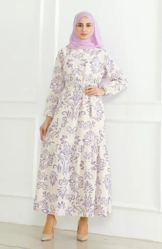 Gemustertes Leinenkleid Mit Gürtel 0471B-01 Beige Lila 0471B-01