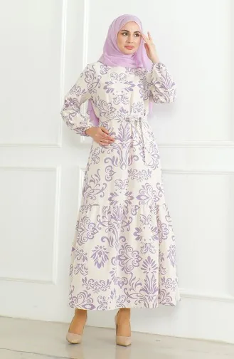 Gemustertes Leinenkleid Mit Gürtel 0471B-01 Beige Lila 0471B-01