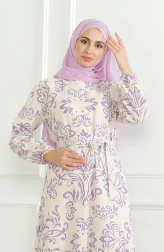 Gemustertes Leinenkleid Mit Gürtel 0471B-01 Beige Lila 0471B-01