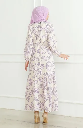 Gemustertes Leinenkleid Mit Gürtel 0471B-01 Beige Lila 0471B-01