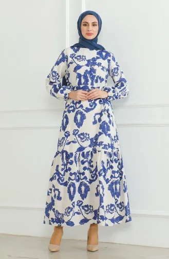 فستان كتان منقوش بحزام 0471D-05 بيج أزرق ملكي 0471D-05