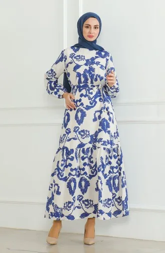 فستان كتان منقوش بحزام 0471D-05 بيج أزرق ملكي 0471D-05