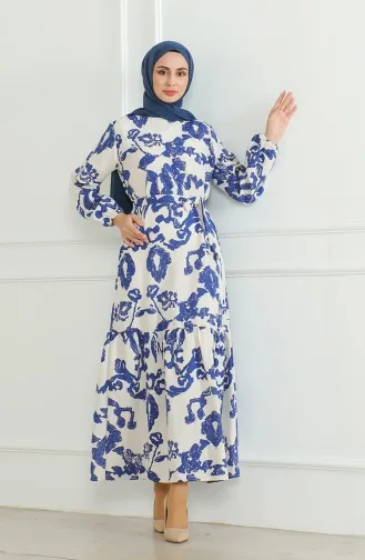 فستان كتان منقوش بحزام 0471D-05 بيج أزرق ملكي 0471D-05