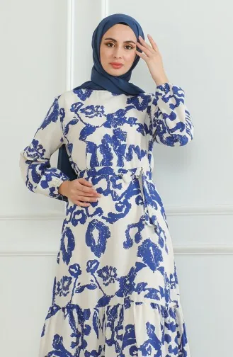 فستان كتان منقوش بحزام 0471D-05 بيج أزرق ملكي 0471D-05