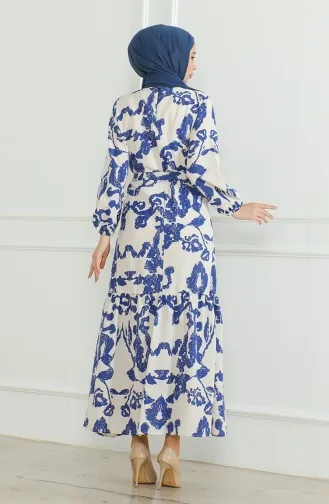 فستان كتان منقوش بحزام 0471D-05 بيج أزرق ملكي 0471D-05