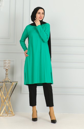 Yırtmaçlı Uzun Tunik 9141-03 Yeşil