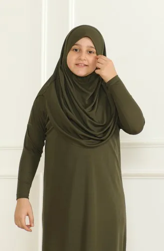 Praktische Kindergebedsjurk Uit één Stuk Met Hoofddoek 1985-03 Kaki 1985-03