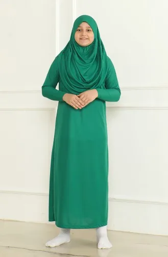 One Piece Practical Child Prayer Dress With Headscarf 1985-04 Emerald Green 1985-04