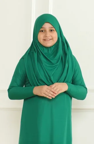 One Piece Practical Child Prayer Dress With Headscarf 1985-04 Emerald Green 1985-04