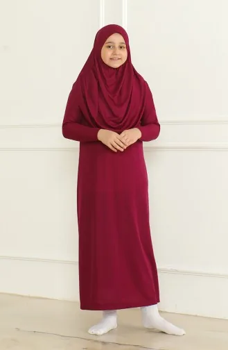 Tek Parça Başörtülü Pratik Çocuk Namaz Elbisesi 1985-05 Mürdüm 1985-05