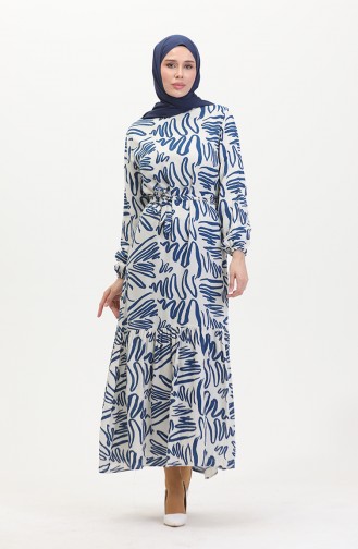 Robe Viscose A Motifs Et Ceinturée 0519-02 Blanc Indigo 0519-02