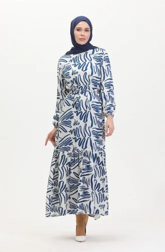 Gemustertes Viskosekleid Mit Gürtel 0519-02 Indigoweiß 0519-02