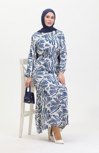 Robe Viscose A Motifs Et Ceinturée 0519-02 Blanc Indigo 0519-02