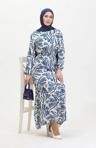 Gemustertes Viskosekleid Mit Gürtel 0519-02 Indigoweiß 0519-02