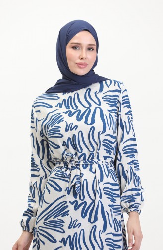 Robe Viscose A Motifs Et Ceinturée 0519-02 Blanc Indigo 0519-02