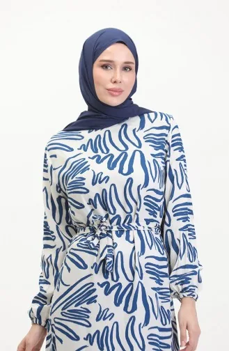 Gemustertes Viskosekleid Mit Gürtel 0519-02 Indigoweiß 0519-02