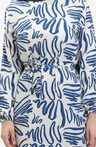 Gemustertes Viskosekleid Mit Gürtel 0519-02 Indigoweiß 0519-02