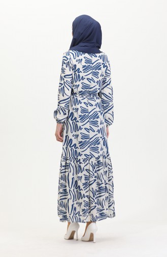 Robe Viscose A Motifs Et Ceinturée 0519-02 Blanc Indigo 0519-02