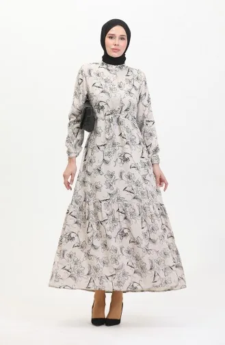 Önden Düğmeli Bağcıklı Keten Elbise 0520-01 Bej Siyah