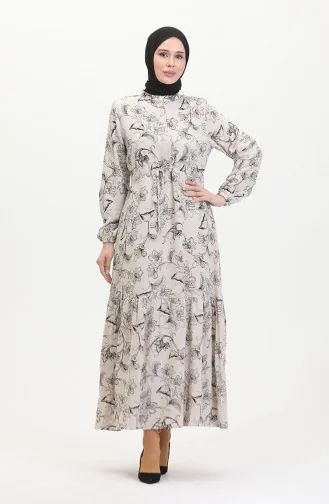 Önden Düğmeli Bağcıklı Keten Elbise 0520-01 Bej Siyah