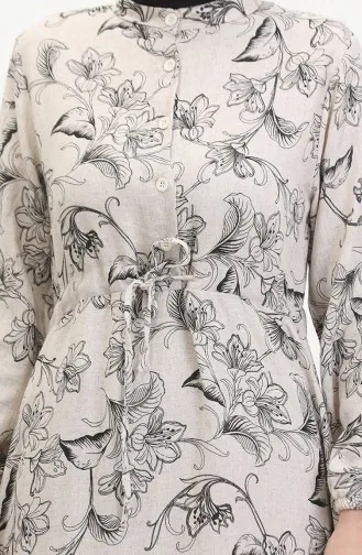 Önden Düğmeli Bağcıklı Keten Elbise 0520-01 Bej Siyah