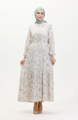 Linnen Jurk Met Knopen En Veters Aan De Voorkant 0520-02 Beige Groen 0520-02