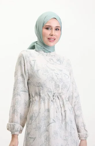 Linnen Jurk Met Knopen En Veters Aan De Voorkant 0520-02 Beige Groen 0520-02