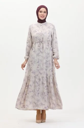 Linnen Jurk Met Knopen En Veters Aan De Voorkant 0520-03 Beige Lila 0520-03