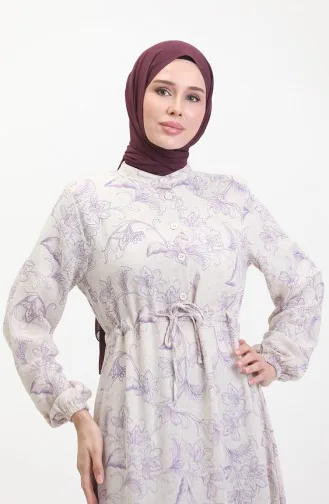 Linnen Jurk Met Knopen En Veters Aan De Voorkant 0520-03 Beige Lila 0520-03