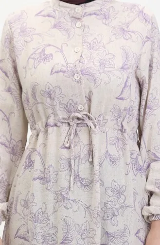 Linnen Jurk Met Knopen En Veters Aan De Voorkant 0520-03 Beige Lila 0520-03