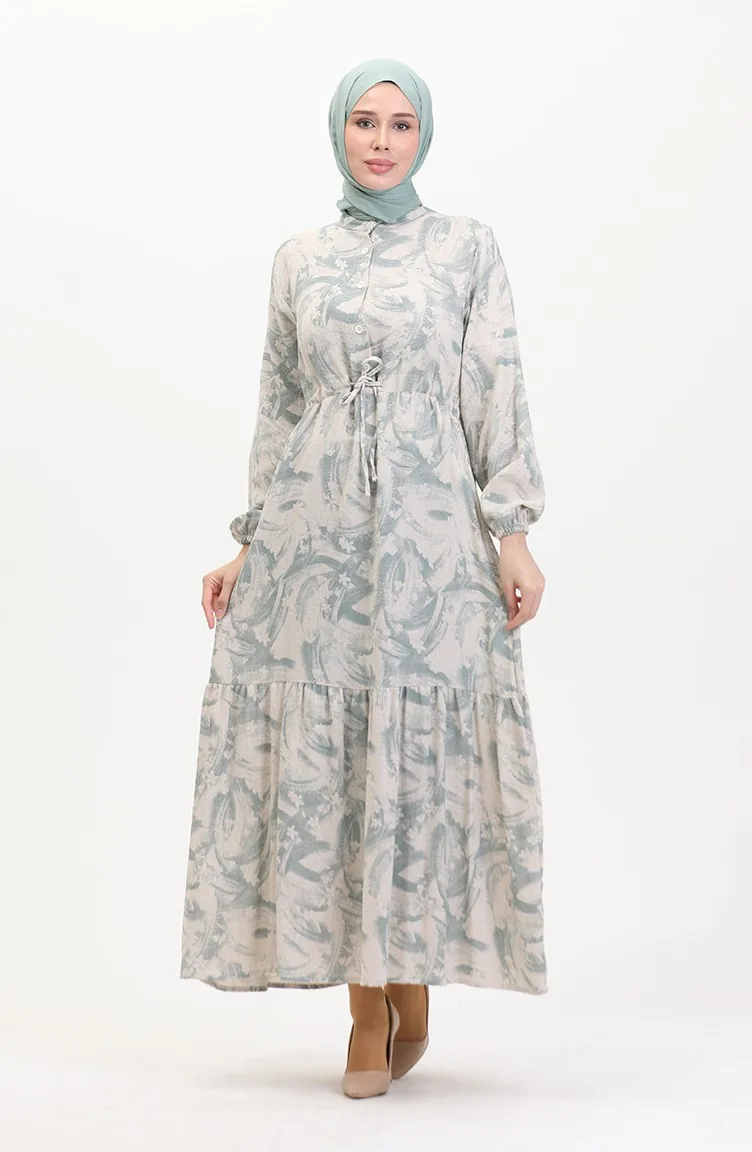 Robe Lin A Lacets Boutonné Devant 0520A-01 Beige Vert 0520A-01