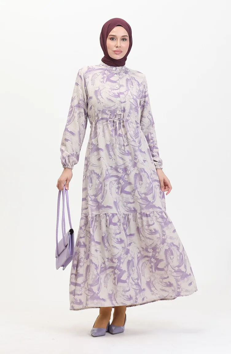 Robe Lin A Lacets Boutonné Devant 0520A-02 Beige Lilas 0520A-02