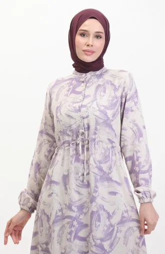 Robe Lin A Lacets Boutonné Devant 0520A-02 Beige Lilas 0520A-02